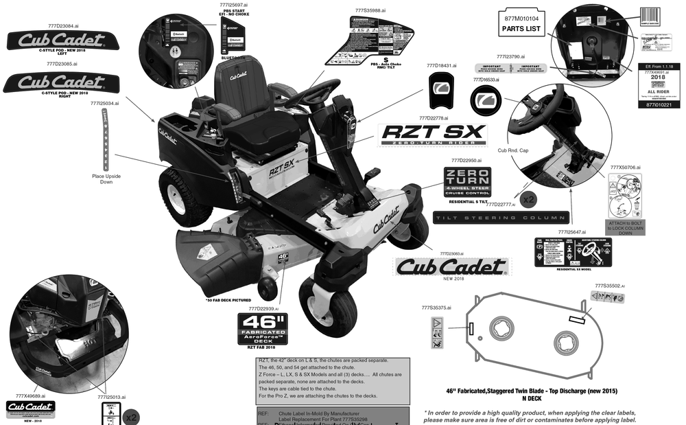 Label Map Diagram and Parts List for RZT-SX46KH (17RRCBYN010)(2018) Cub Cadet Lawn Tractor